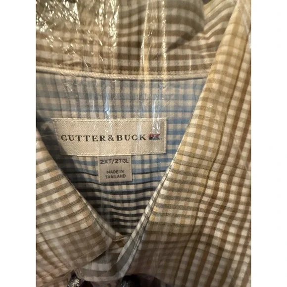 Cutter & Buck Check Dress Shirt Button Down Tan White Gold 2XLT 100% Cotton - Picture 2 of 14